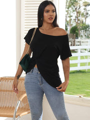 One Shoulder Short Sleeve Twist Front Tops