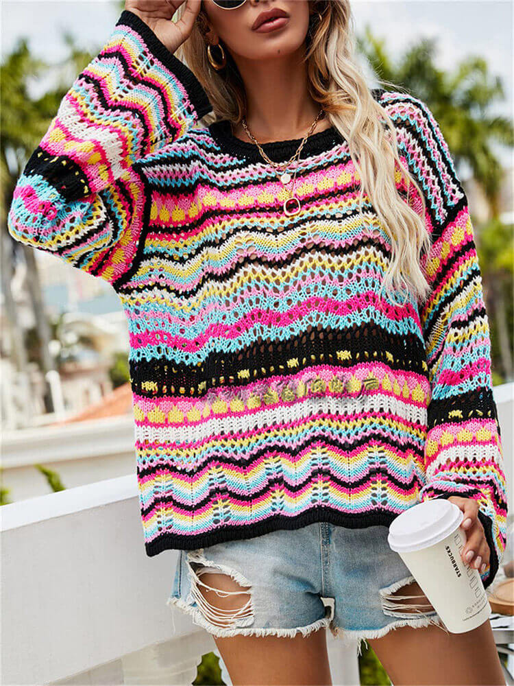 Multicolor Striped Patchwork Pullover Sweater