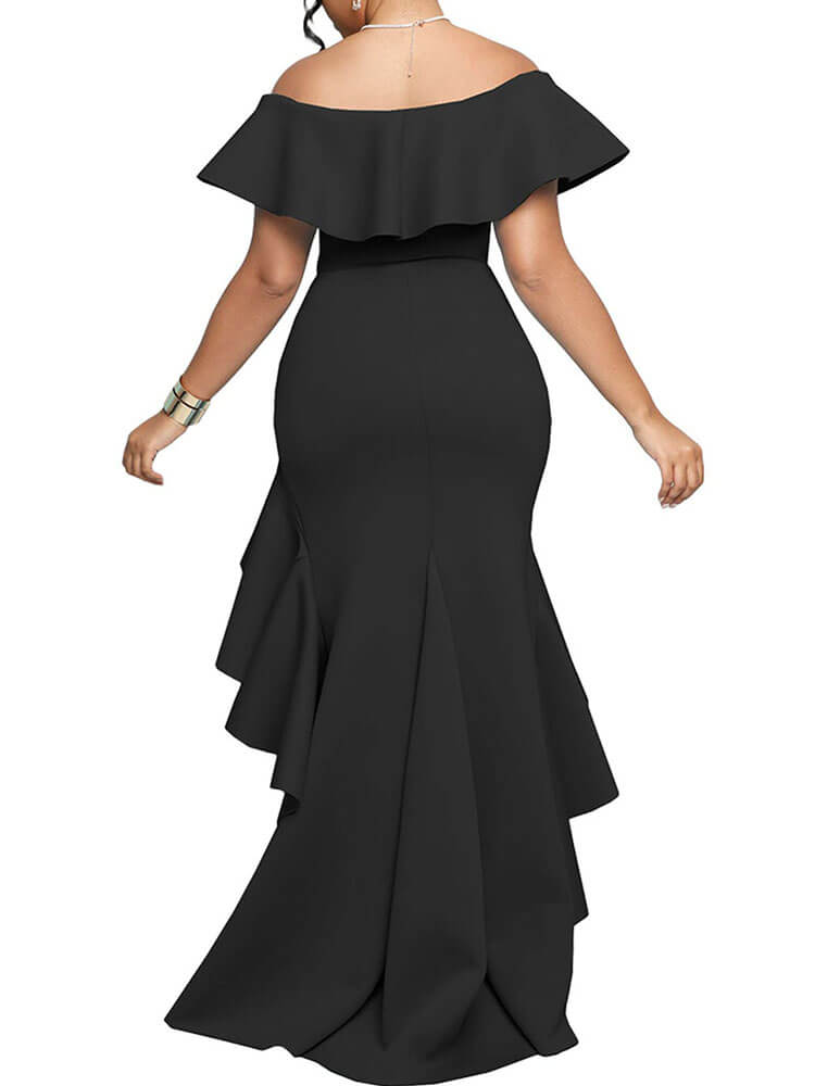 Off Shoulder Ruffle Irregular Hem Slit Maxi Dresses