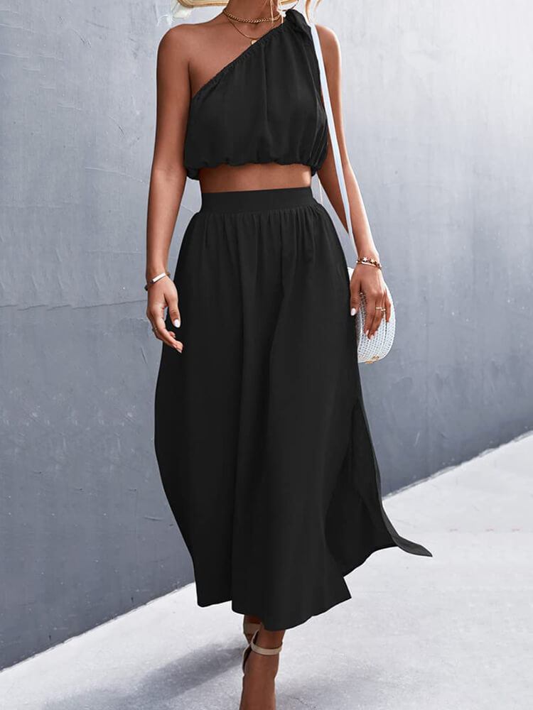 One Shoulder Sleeveless Crop Top & Split Midi Skirts