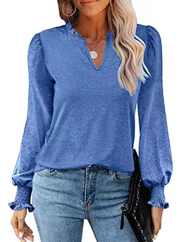 Puff Sleeve V Neck Ruffle Loose Blouse Tops