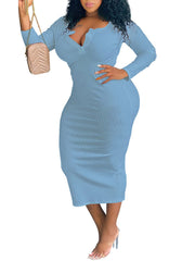 Plus Size V Neck Long Sleeve Bodycon Midi Dress