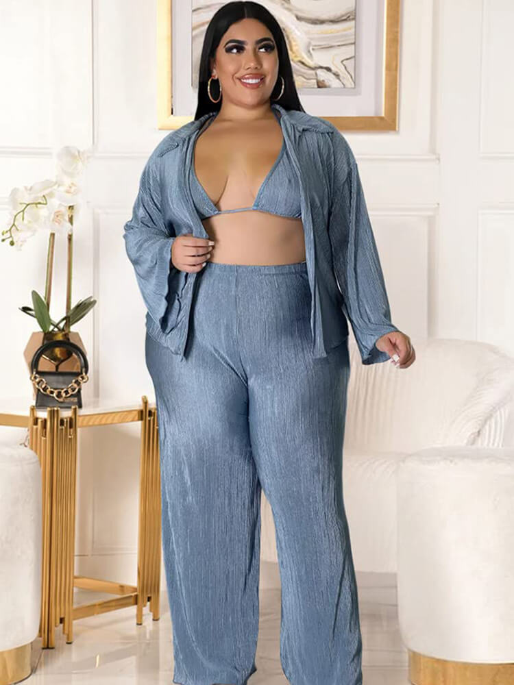 Three Piece Long Sleeve Cardigan Bra Long Pants Set