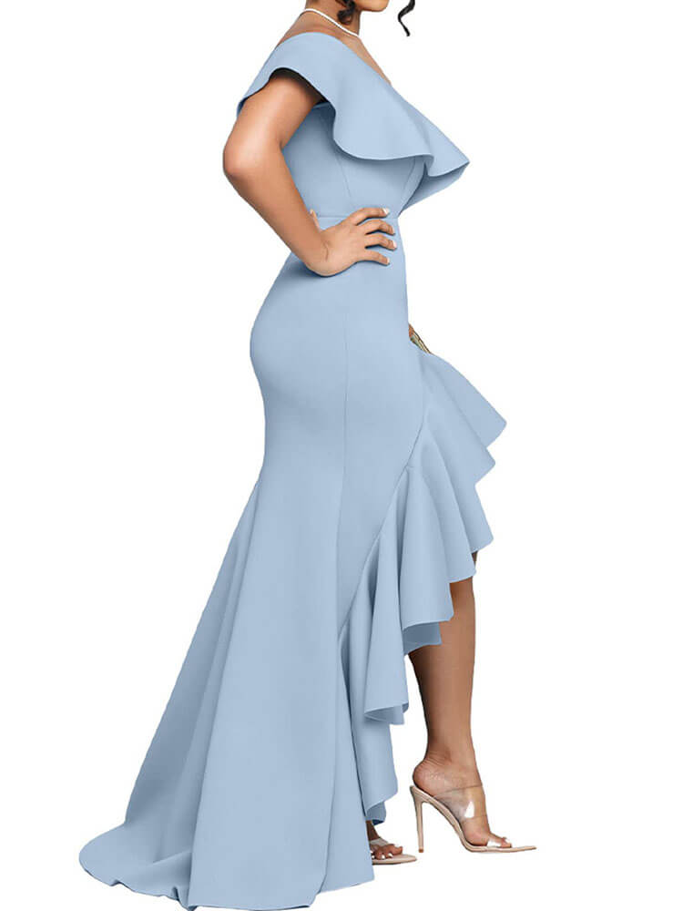 Off Shoulder Ruffle Irregular Hem Slit Maxi Dresses