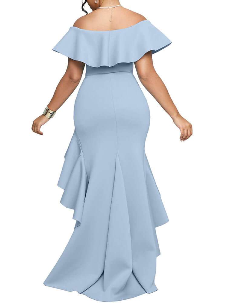 Off Shoulder Ruffle Irregular Hem Slit Maxi Dresses