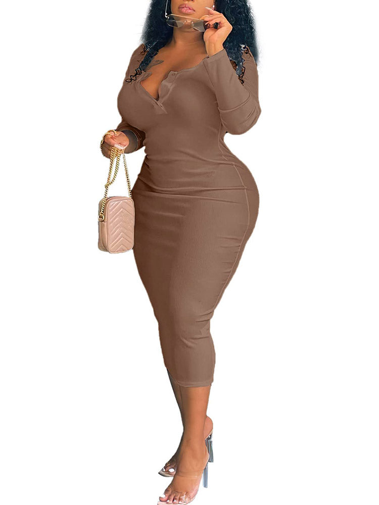 Plus Size V Neck Long Sleeve Bodycon Midi Dress