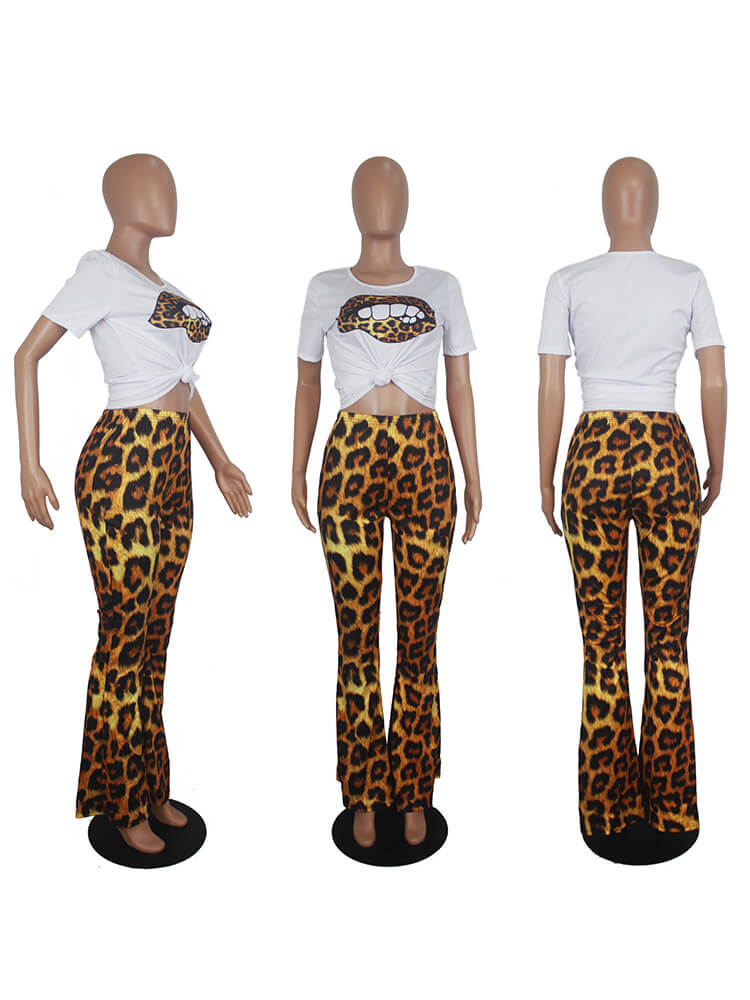 Two Piece Lips Print Tops+Leopard Pant Suits