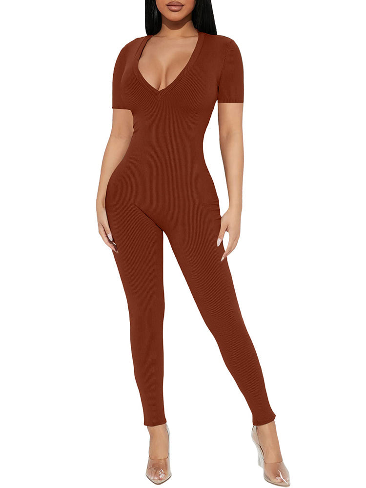 V Neck Short Sleeve Ribbed Bodycon JumpSuits