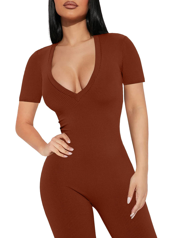 V Neck Short Sleeve Ribbed Bodycon JumpSuits