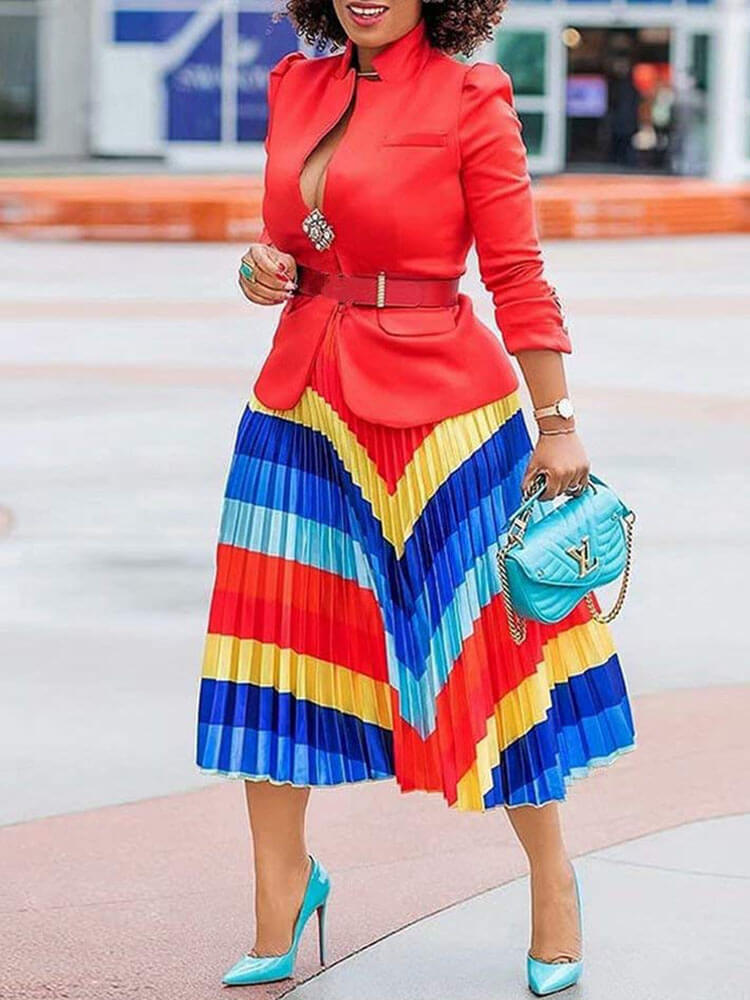 High Waist Striped Print Midi Skirt