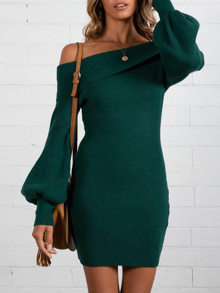 Off Shoulder Lantern Sleeve Sweater Mini Dresses