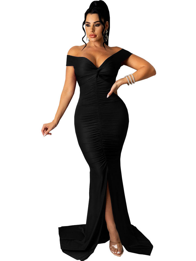 Off Shoulder V Neck Slit Ruched Maxi Dresses