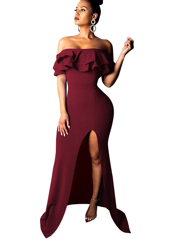 Off Shoulder Ruffle Sleeve Slit Maxi Dresses