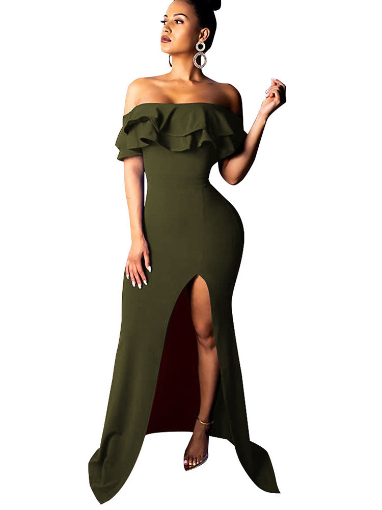 Off Shoulder Ruffle Sleeve Slit Maxi Dresses