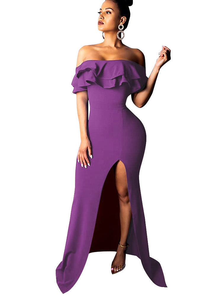 Off Shoulder Ruffle Sleeve Slit Maxi Dresses