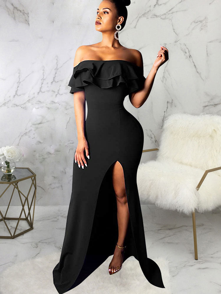 Off Shoulder Ruffle Sleeve Slit Maxi Dresses