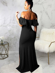 Off Shoulder Ruffle Sleeve Slit Maxi Dresses