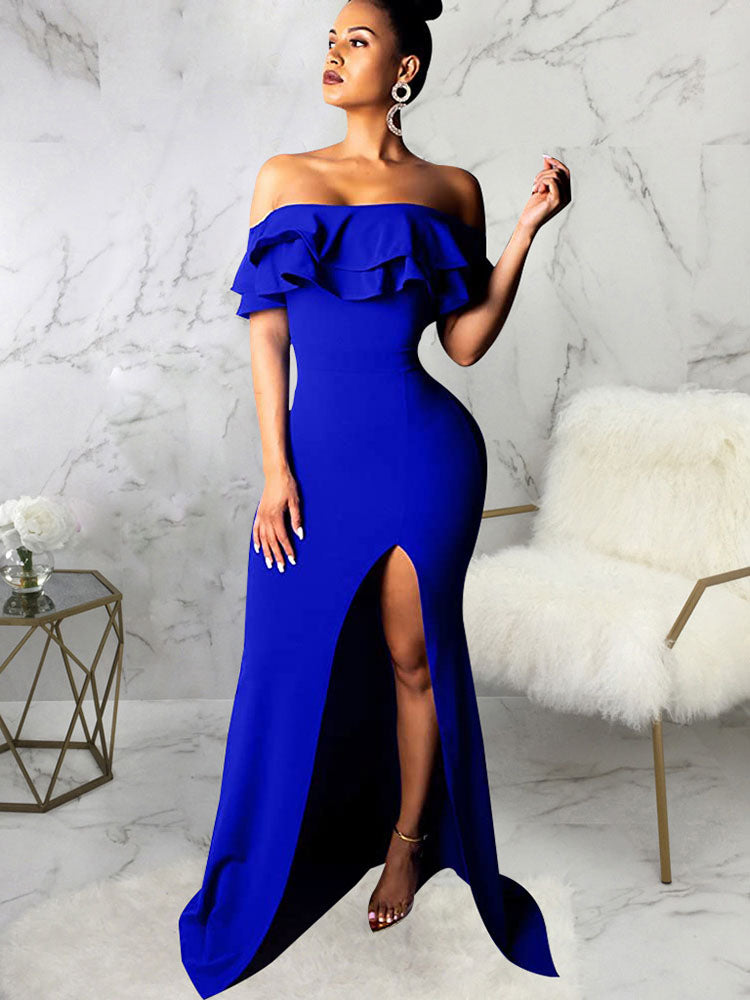 Off Shoulder Ruffle Sleeve Slit Maxi Dresses