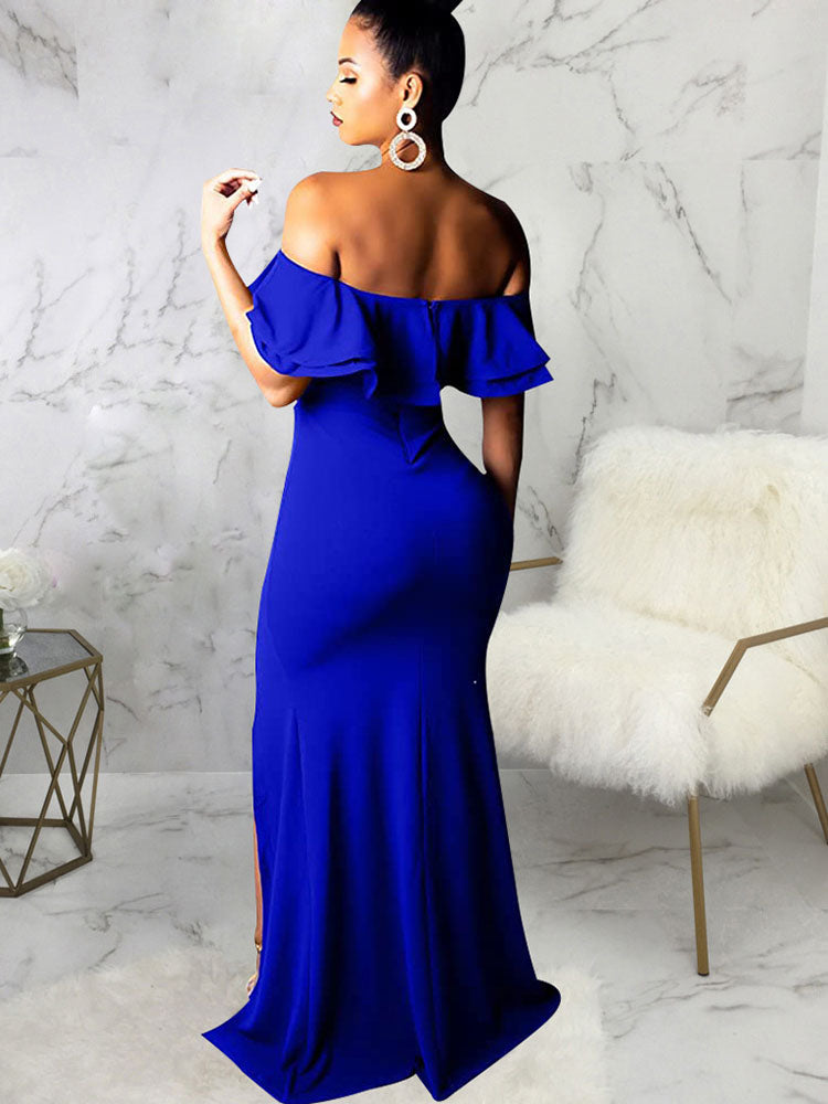 Off Shoulder Ruffle Sleeve Slit Maxi Dresses