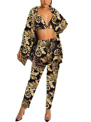 Printed Vest Long Sleeve Shirt Long Pants Three Piece Outfits