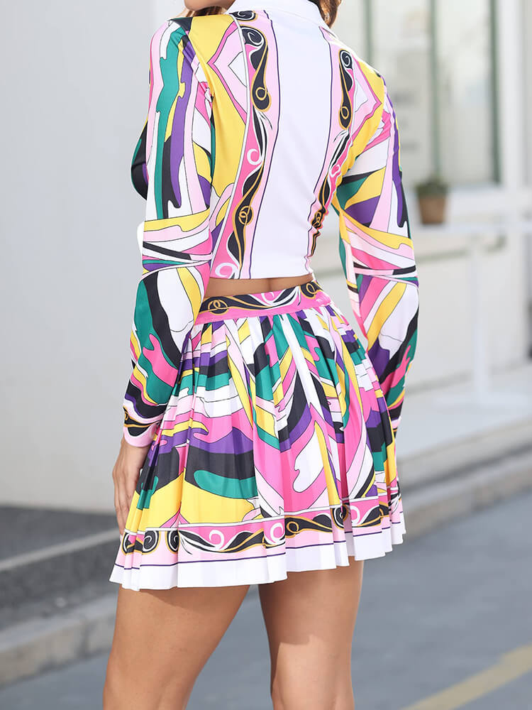 Long Sleeve Printed Crop Top Skirt Suits