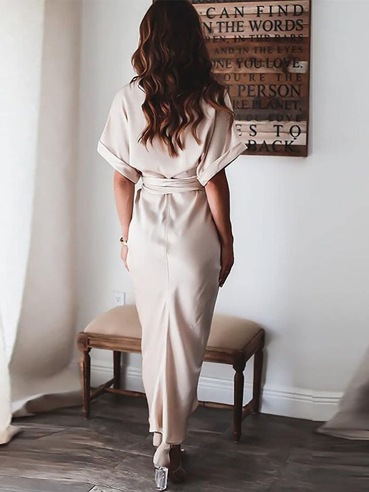 Short Sleeves Solid Color Ruched Maxi Dresses
