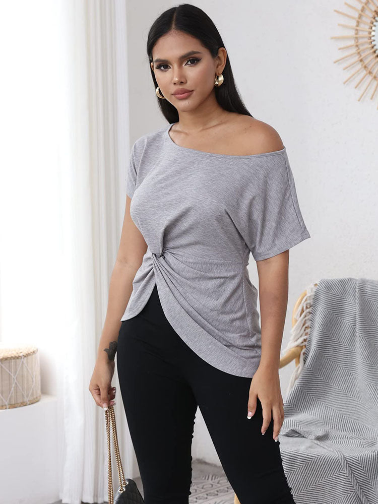 One Shoulder Short Sleeve Twist Front Tops