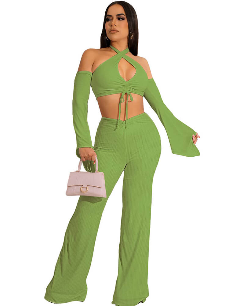 Halter Off Shoulder Crop Top & Wide Leg Long Pants