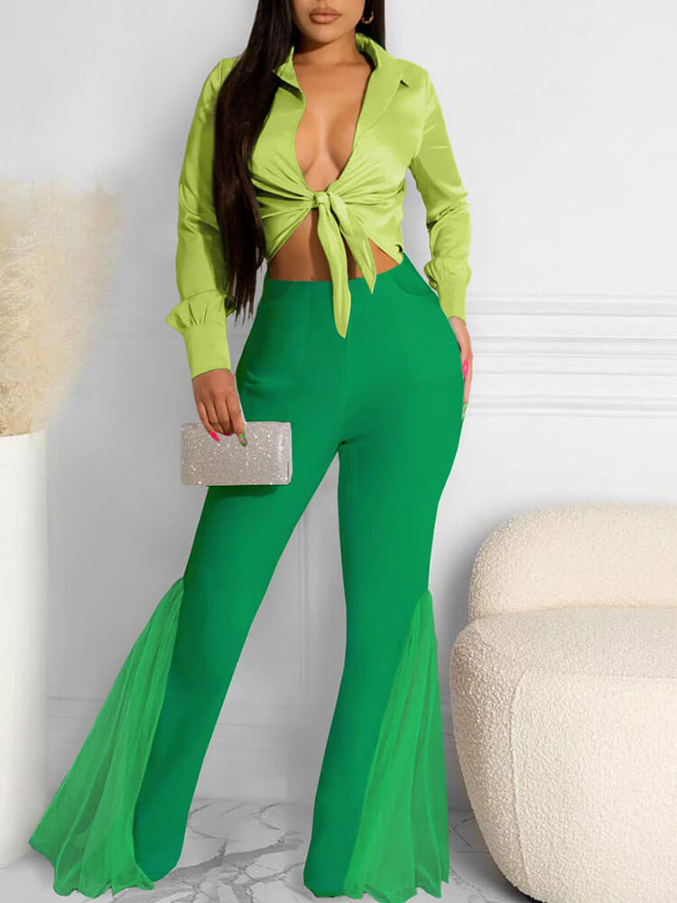 Mesh Solid Color High Waist Flare Pants