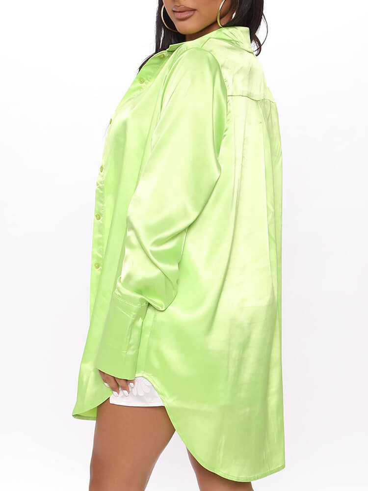 Satin Long Sleeve Asymmetrical Hem Blouses Tops