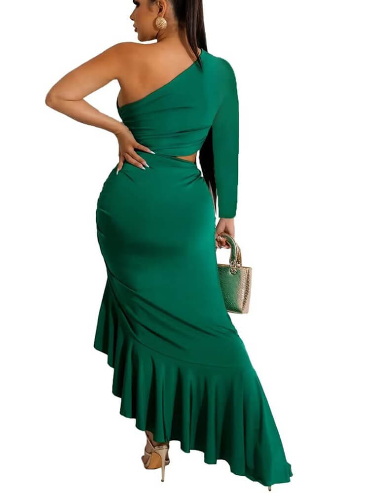 One Shoulder Cutcut High Low Ruffle Hem Maxi Dresses