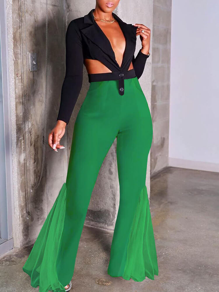 Mesh Solid Color High Waist Flare Pants