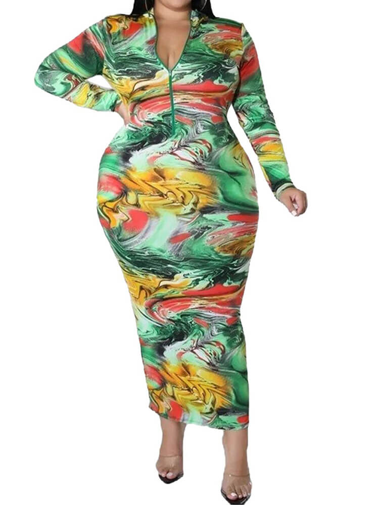 Plus Size Long Sleeve Floral Print Bodycon Midi Dresses