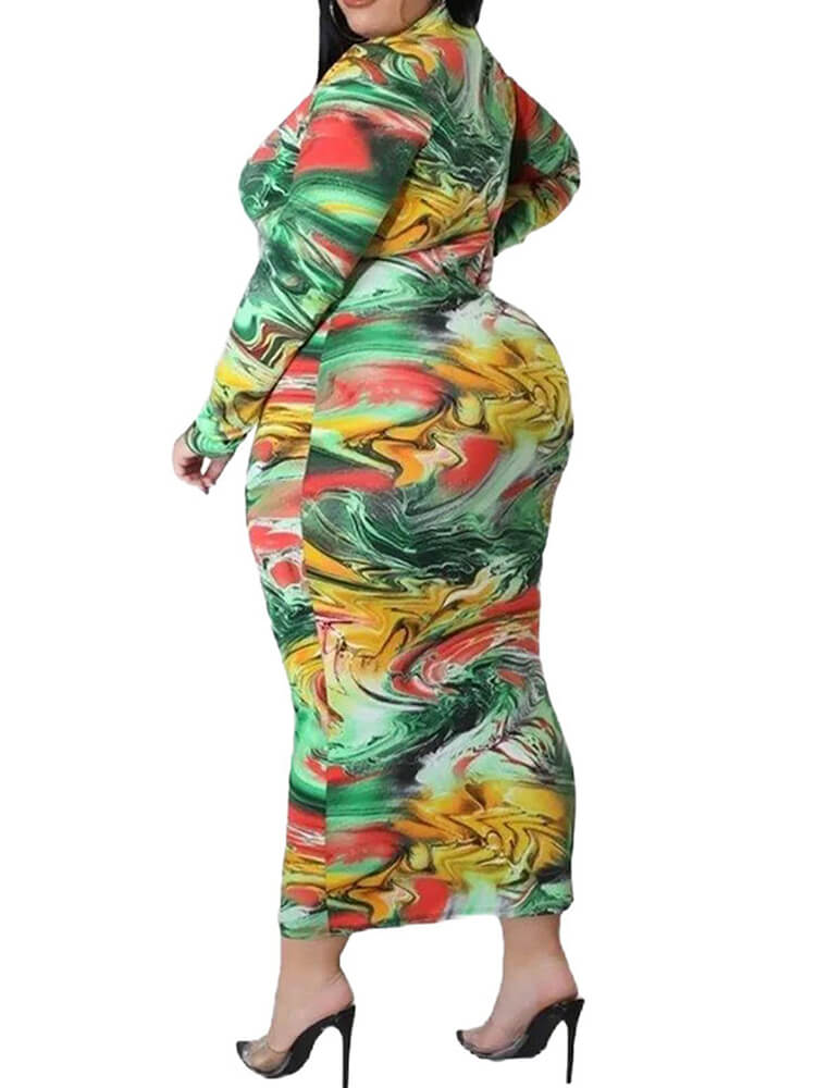 Plus Size Long Sleeve Floral Print Bodycon Midi Dresses