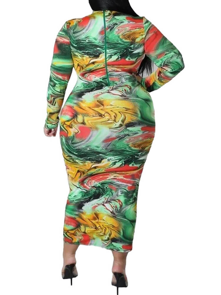 Plus Size Long Sleeve Floral Print Bodycon Midi Dresses