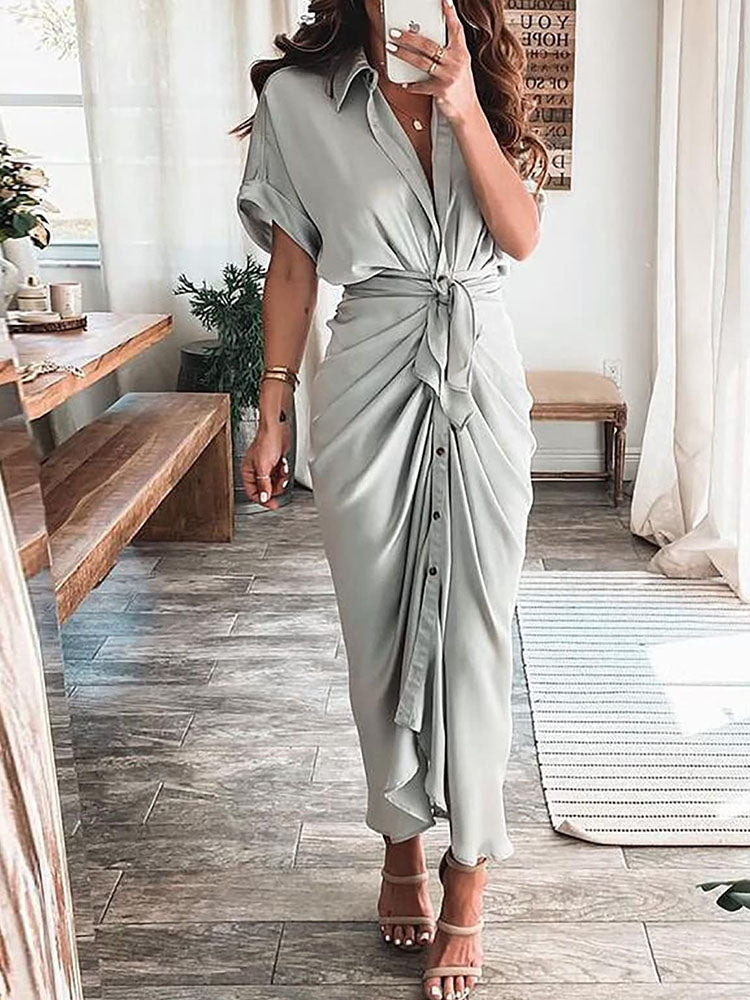 Short Sleeves Solid Color Ruched Maxi Dresses
