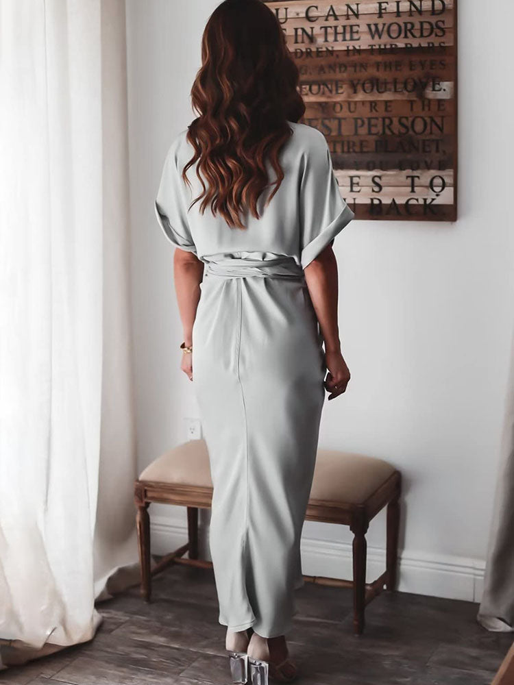 Short Sleeves Solid Color Ruched Maxi Dresses