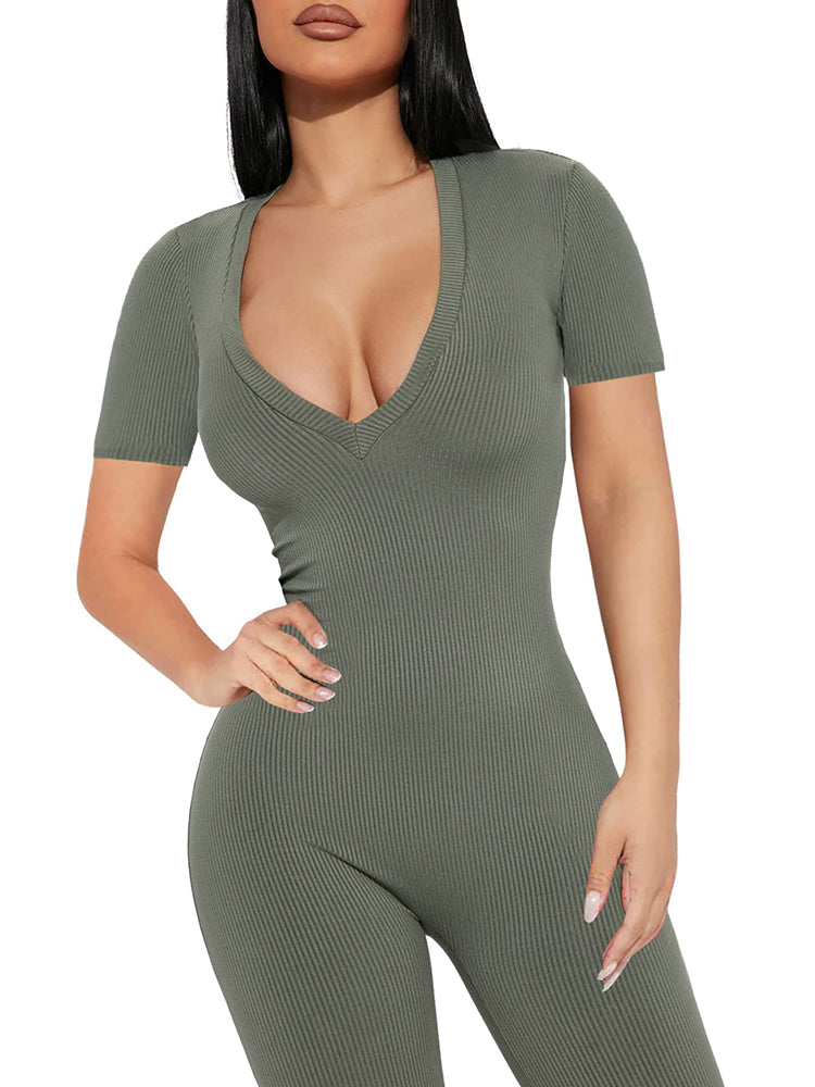 V Neck Short Sleeve Ribbed Bodycon JumpSuits