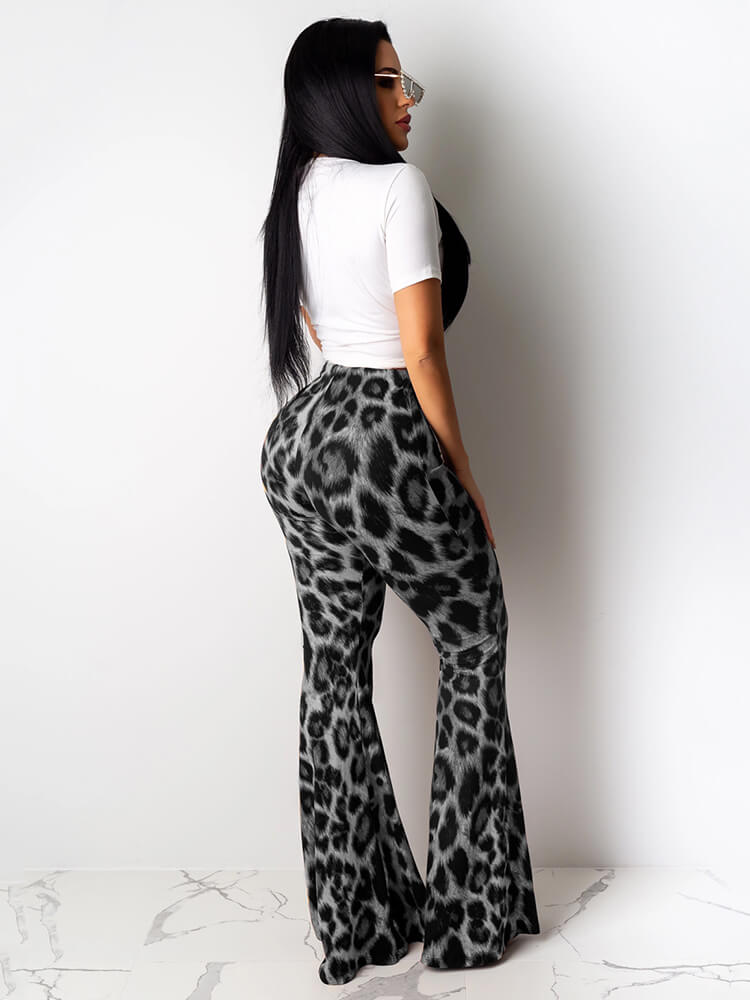 Two Piece Lips Print Tops+Leopard Pant Suits