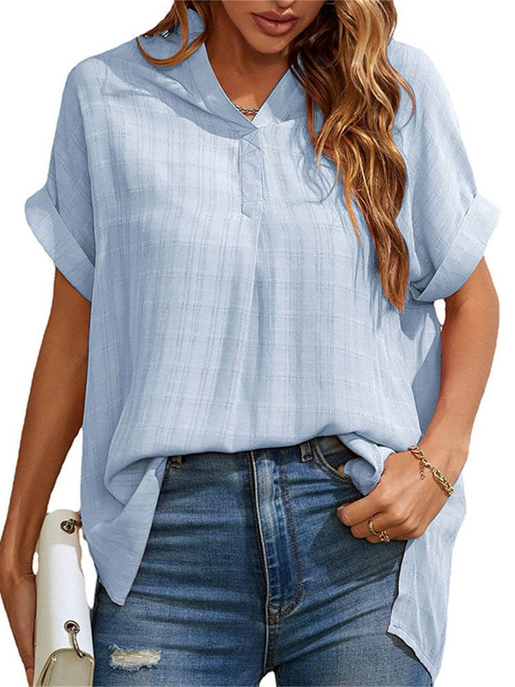 Short Sleeve Grid High Low Hem Shirt