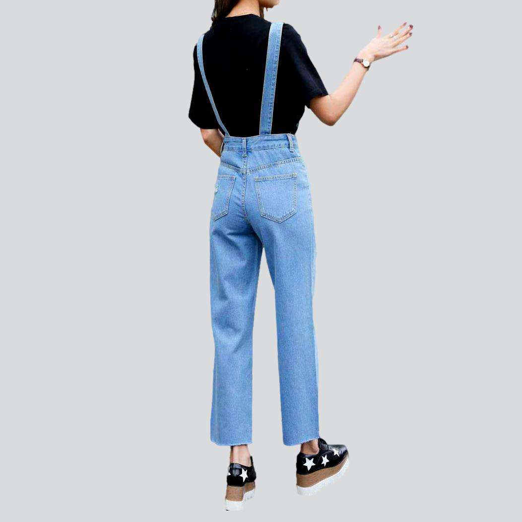 Wide-leg distressed women's denim jumpsuit