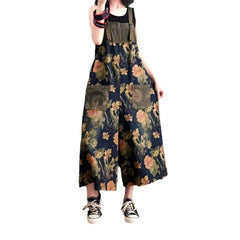 Wide-leg flowery women's denim jumpsuit