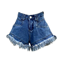 Wide-hem distressed denim shorts