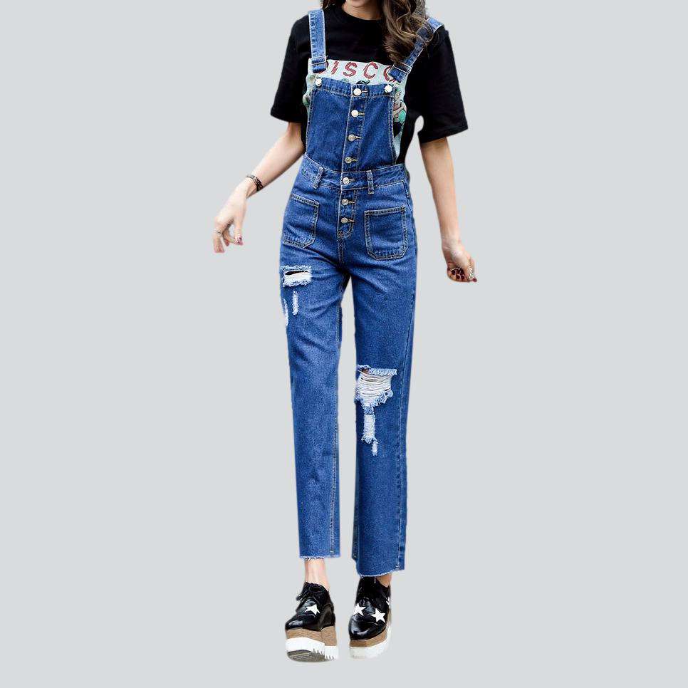 Wide-leg distressed women's denim jumpsuit