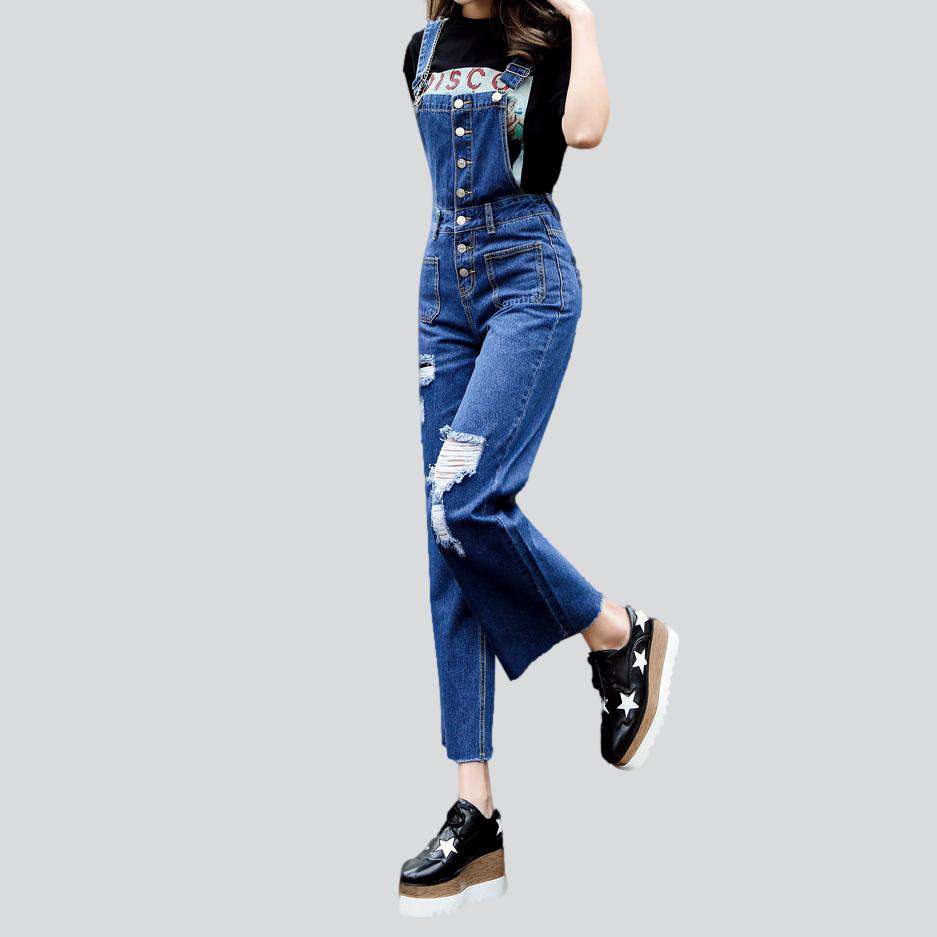 Wide-leg distressed women's denim jumpsuit