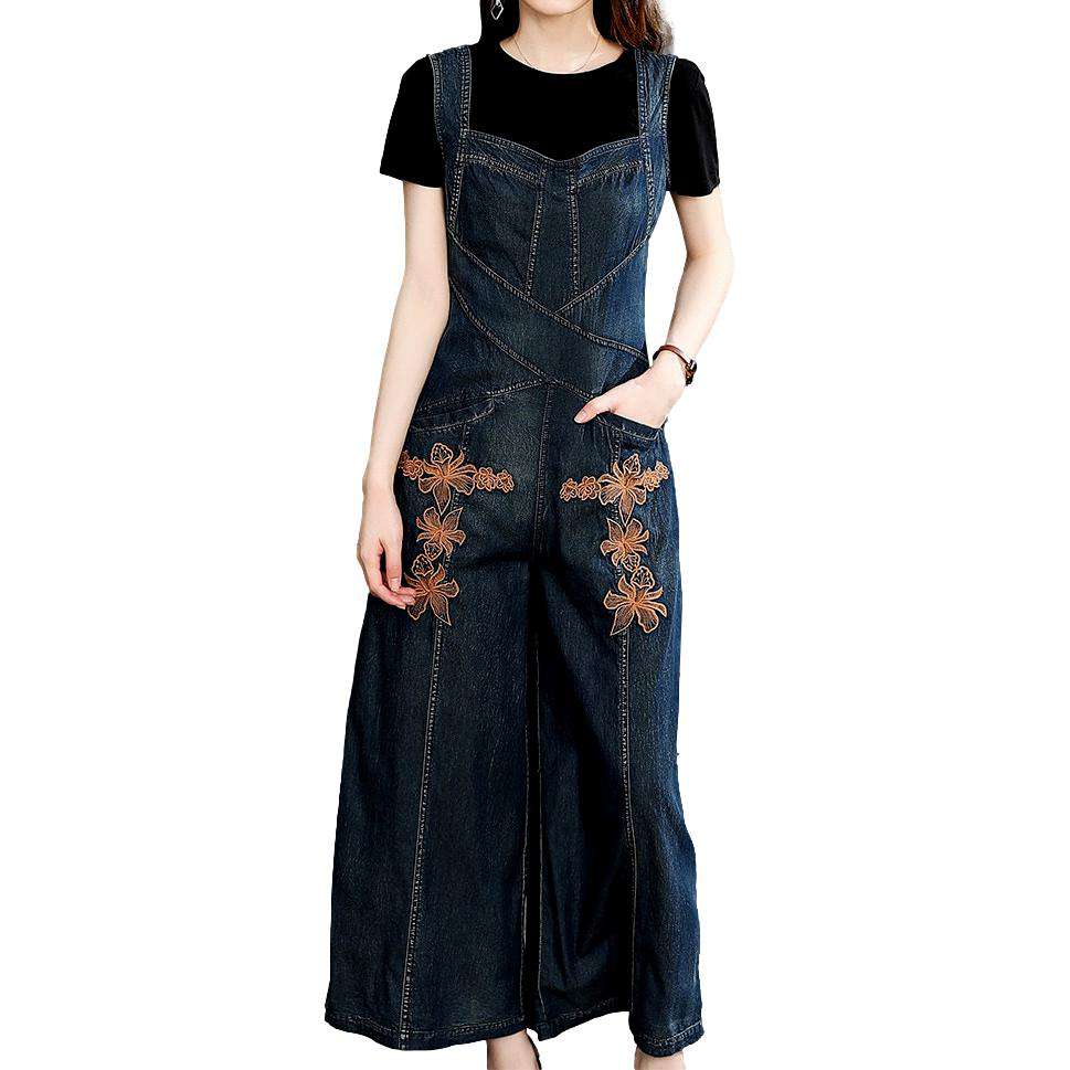 Wide-leg embroidered denim overall