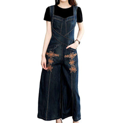 Wide-leg embroidered denim overall