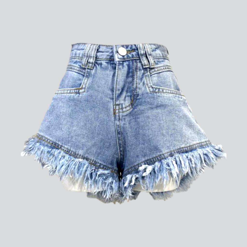 Wide-hem distressed denim shorts