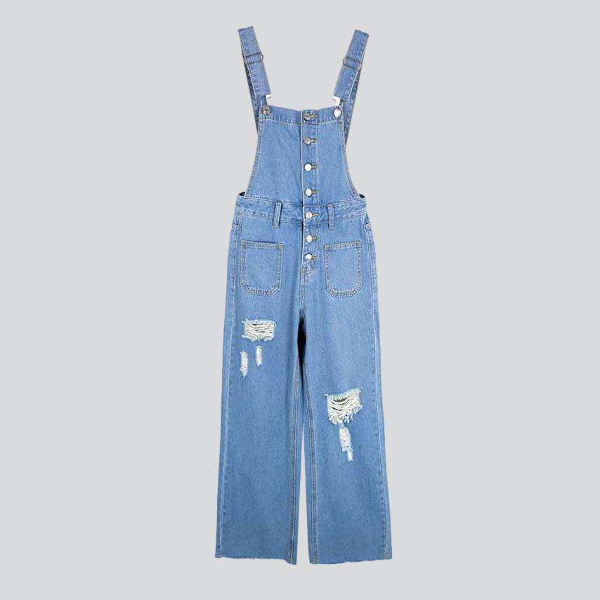 Wide-leg distressed women's denim jumpsuit