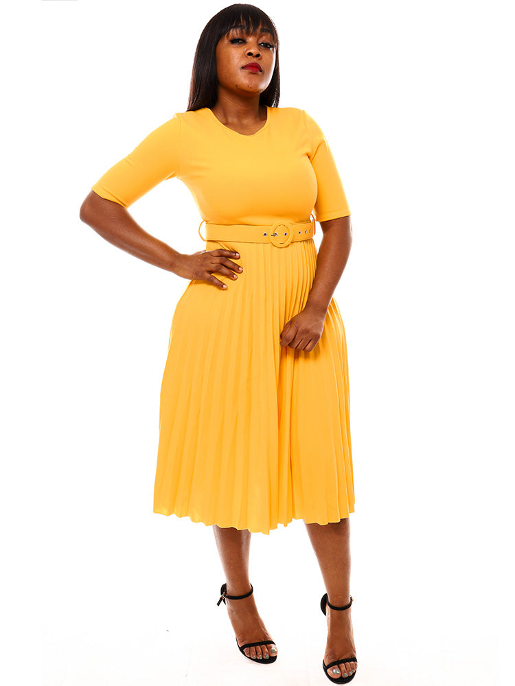 Short Sleeve Solid Color Pleated Midi Dresses with Belt